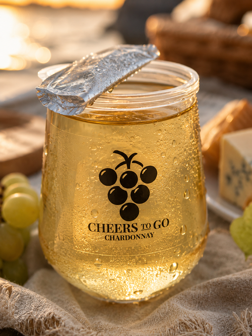 Cheers To Go Chardonnay im Weinglas – trockener Weißwein im praktischen To-Go-Format für unterwegs.