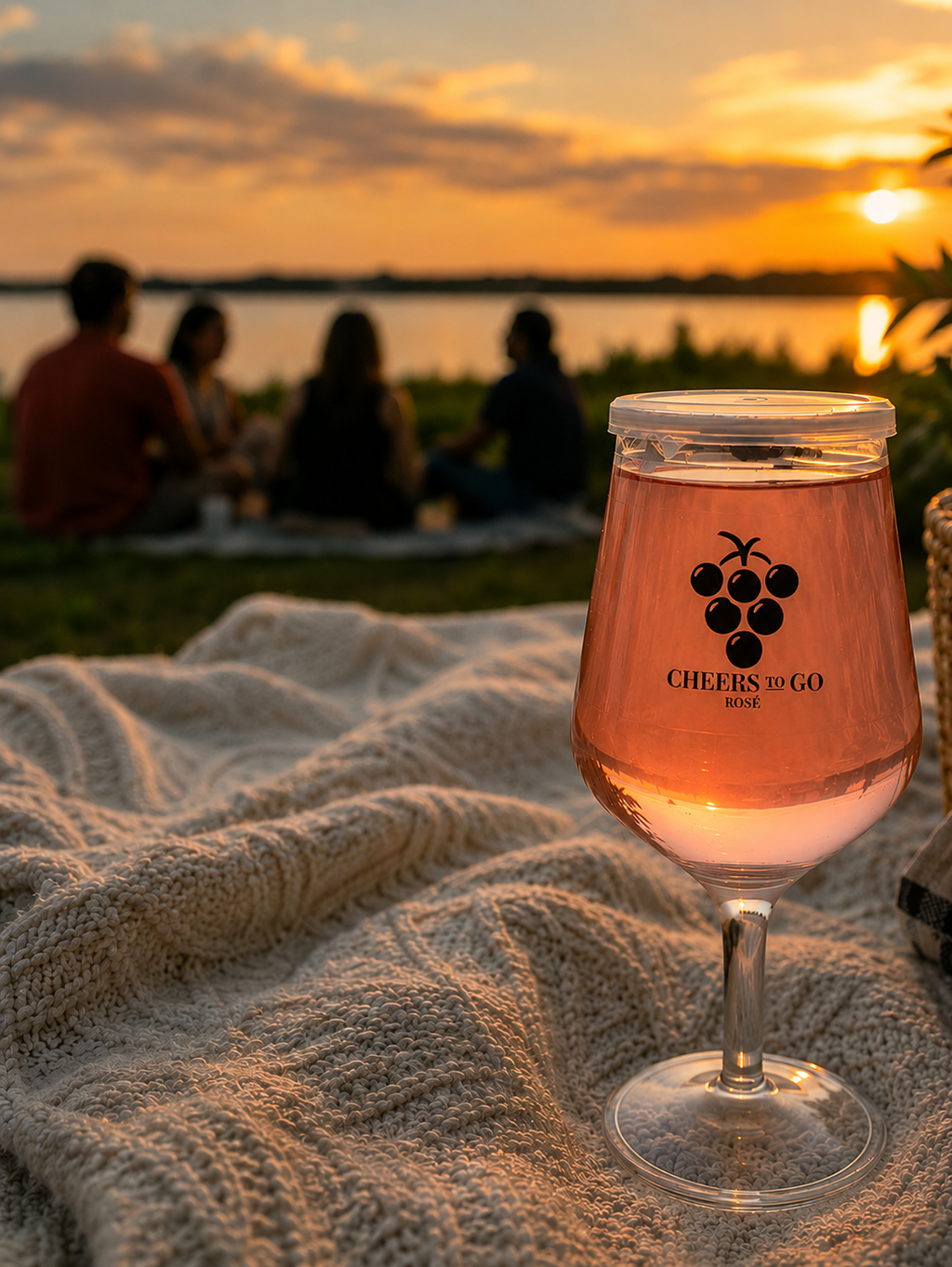 Cheers To Go Rosé beim Picknick am See – servierfertiger Roséwein für unterwegs, Festivals, Reisen und entspannte Sommerabende.