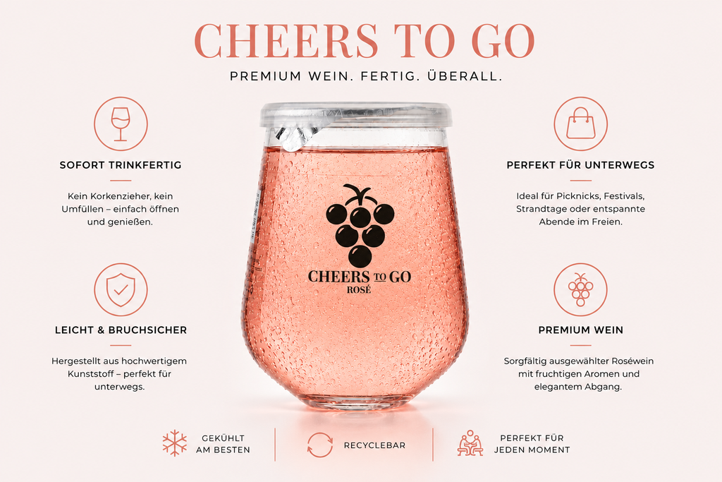 Cheers To Go Rosé im Weinglas – fruchtiger Roséwein für unterwegs mit Vorteilen für Picknick, Festival, Camping und Reisen.