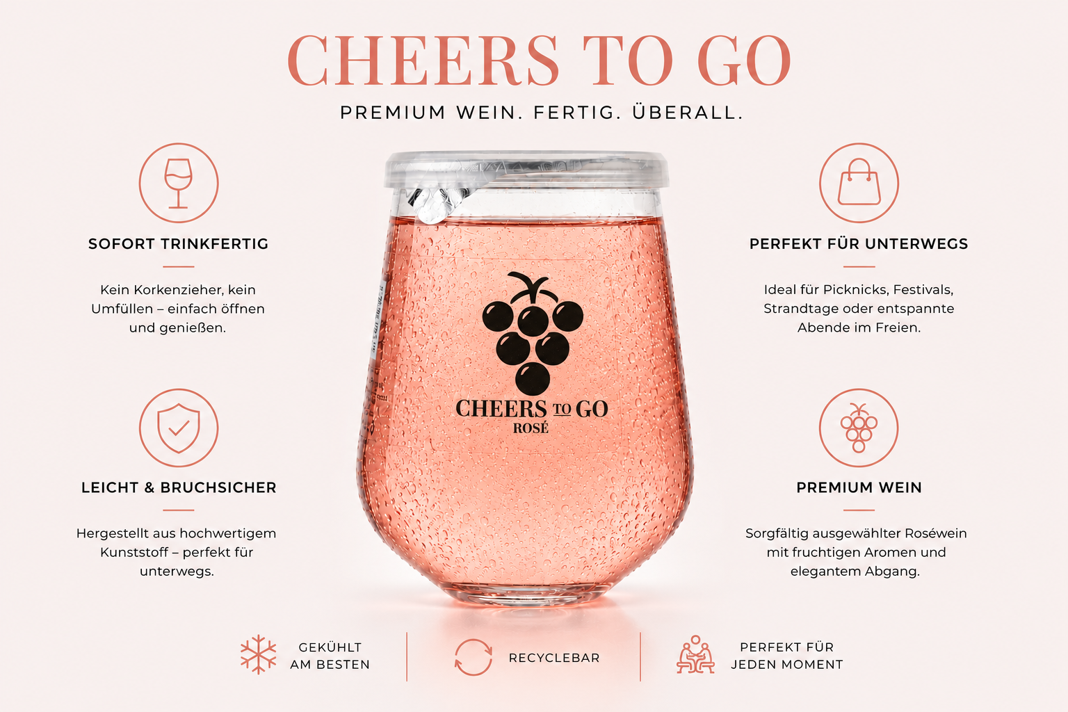 Cheers To Go Rosé im Weinglas – fruchtiger Roséwein für unterwegs mit Vorteilen für Picknick, Festival, Camping und Reisen.