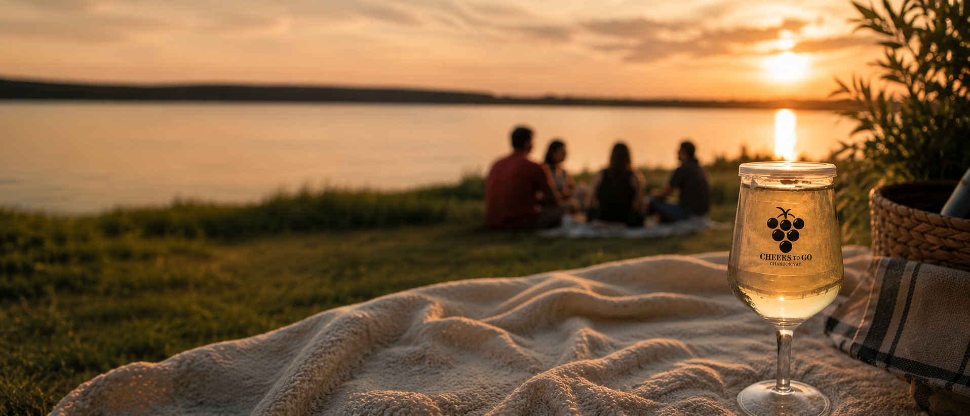 Cheers To Go Chardonnay bei einem Picknick am See zum Sonnenuntergang