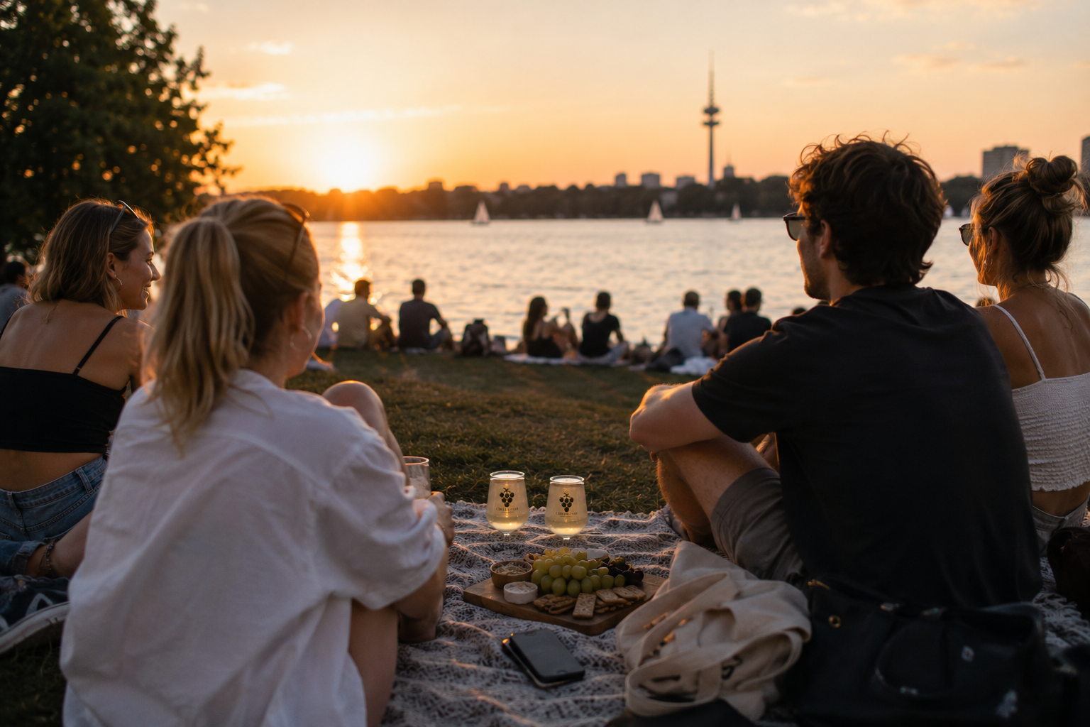 Freunde genießen Cheers To Go bei Sonnenuntergang am Wasser